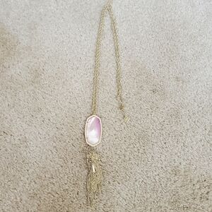 Kendra Scott Rayne Necklace.  Gold tone Tassel, Pink Opal Gemstone, Long chain.